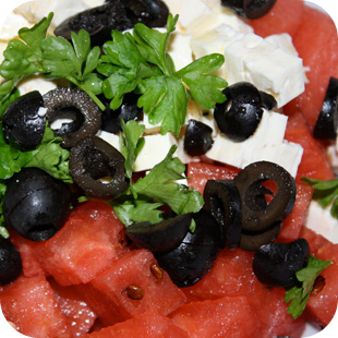 Melonen-Feta-Salat mit Oliven melonen-feta